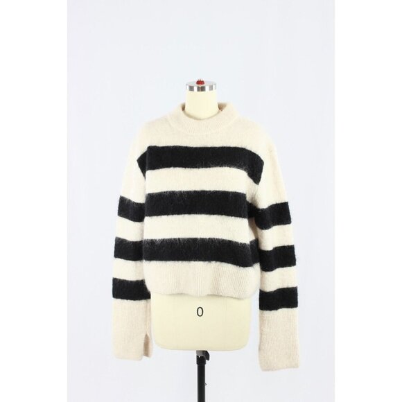 H&M White Black Striped Mohair Wool Blend Knit Crew Neck Sweater, Size M - Picture 2 of 13